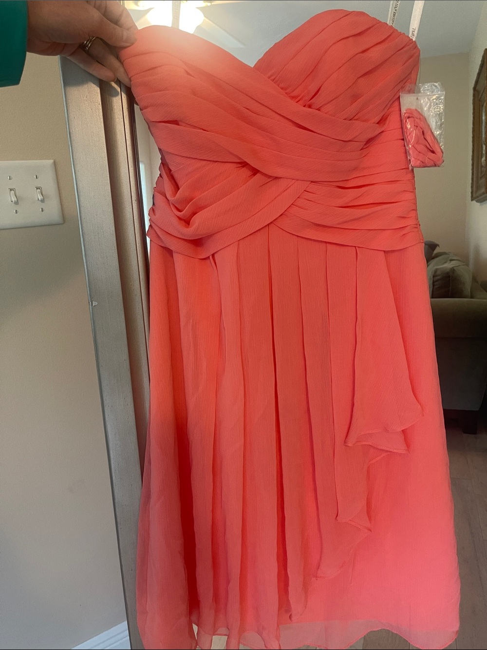 David's Bridal Strapless Coral-Pink Chiffon Dress